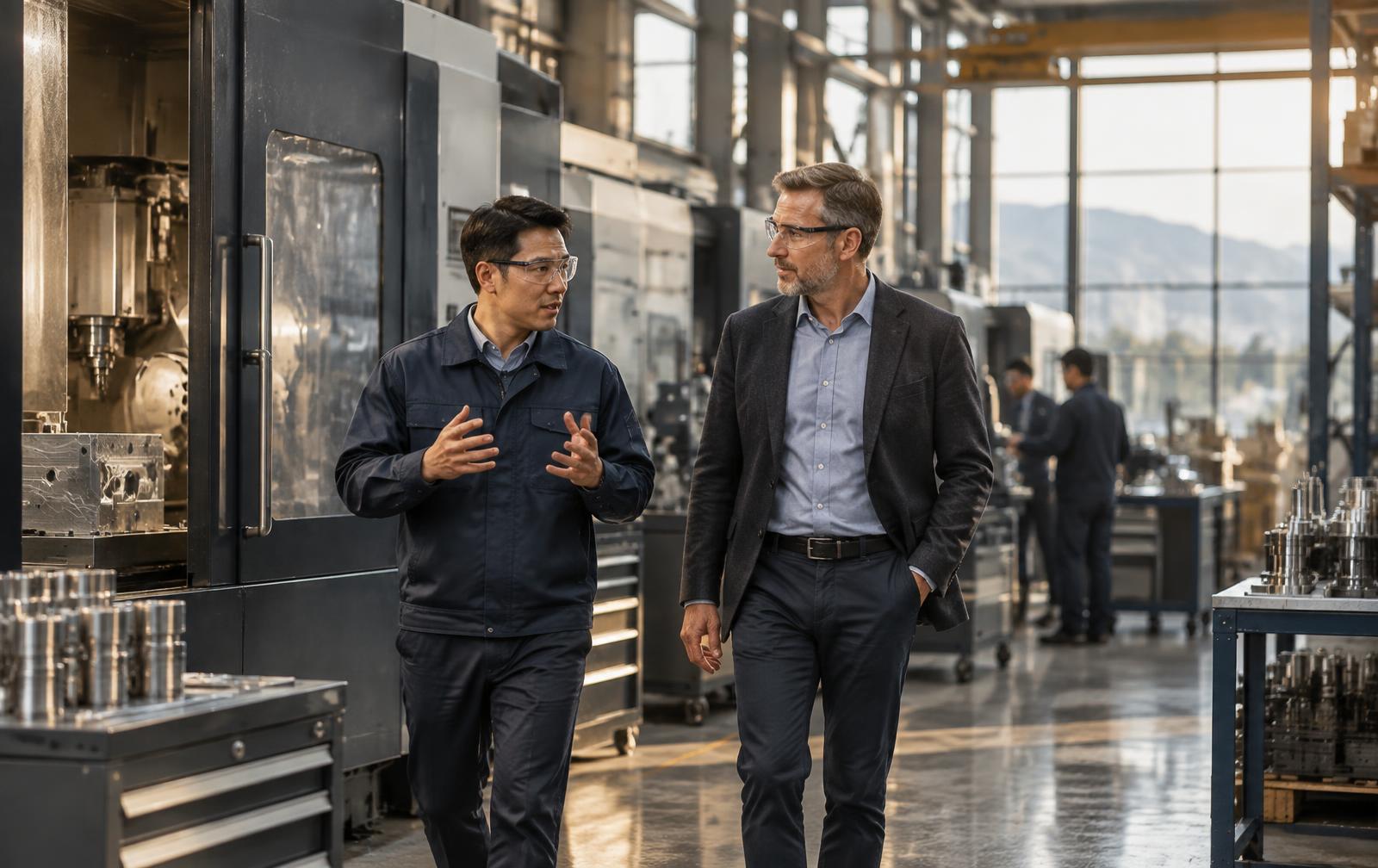 Asian and European manufacturing specialists in discussion on a production floor